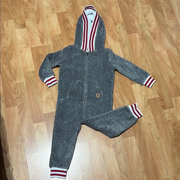 Cozy Gray Hooded Onesie with Red Stripes - Picture 1 of 3